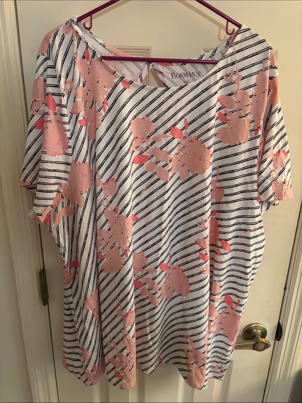 Roaman's White Striped Top with Pink Floral Print